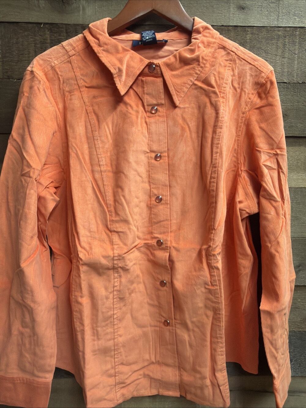 Denim Co Corduroy Long Sleeve Snap Front Shirt 1X Salmon Coral Orange NWT